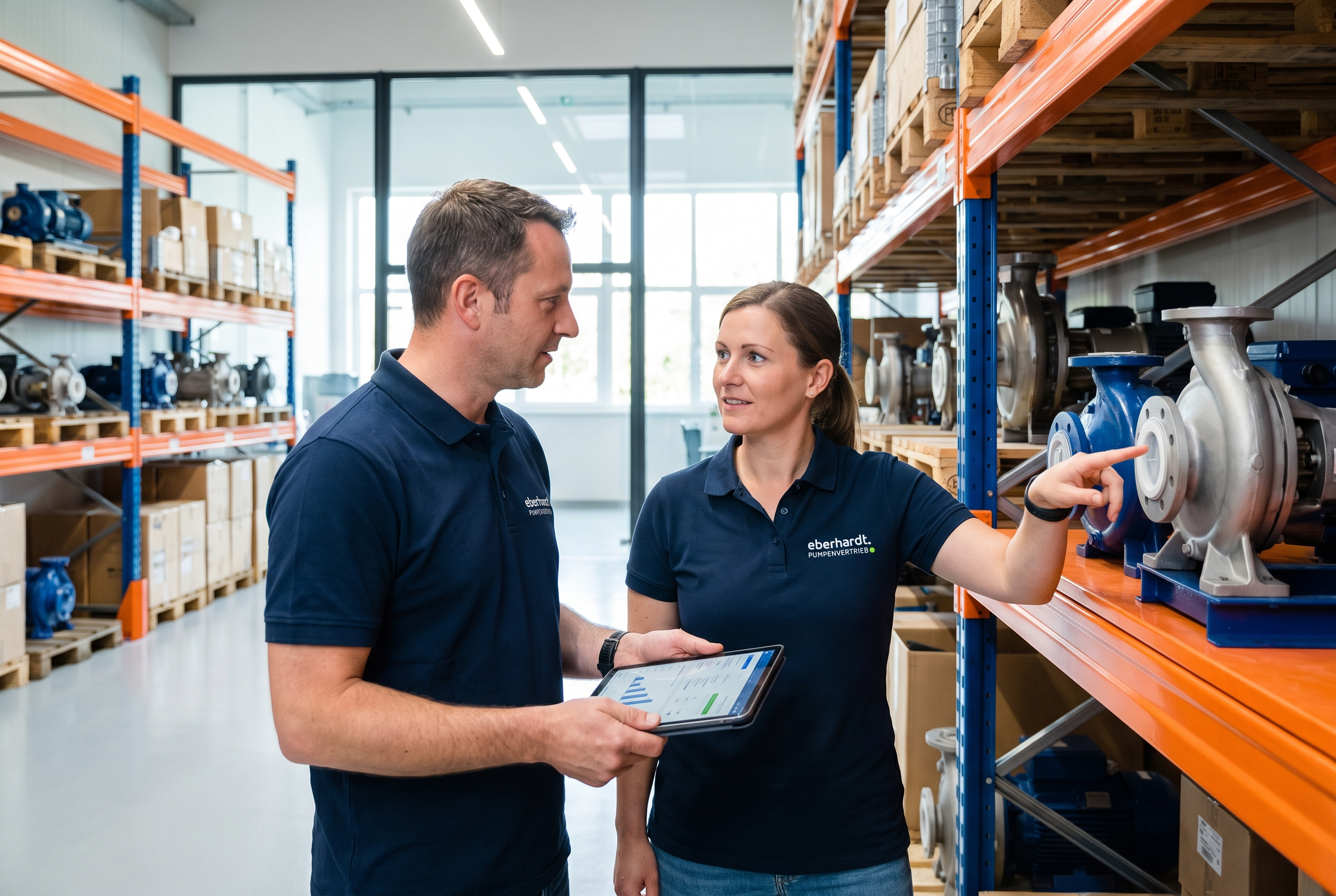 Mitarbeiter von Eberhardt Pumpenvertrieb in moderner technischer Arbeitsumgebung